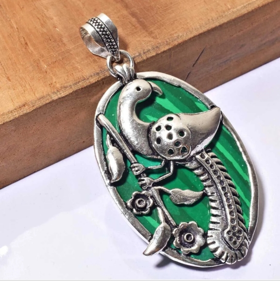 Jewelry - STERLING SILVER MALACHITE PEACOCK PENDANT